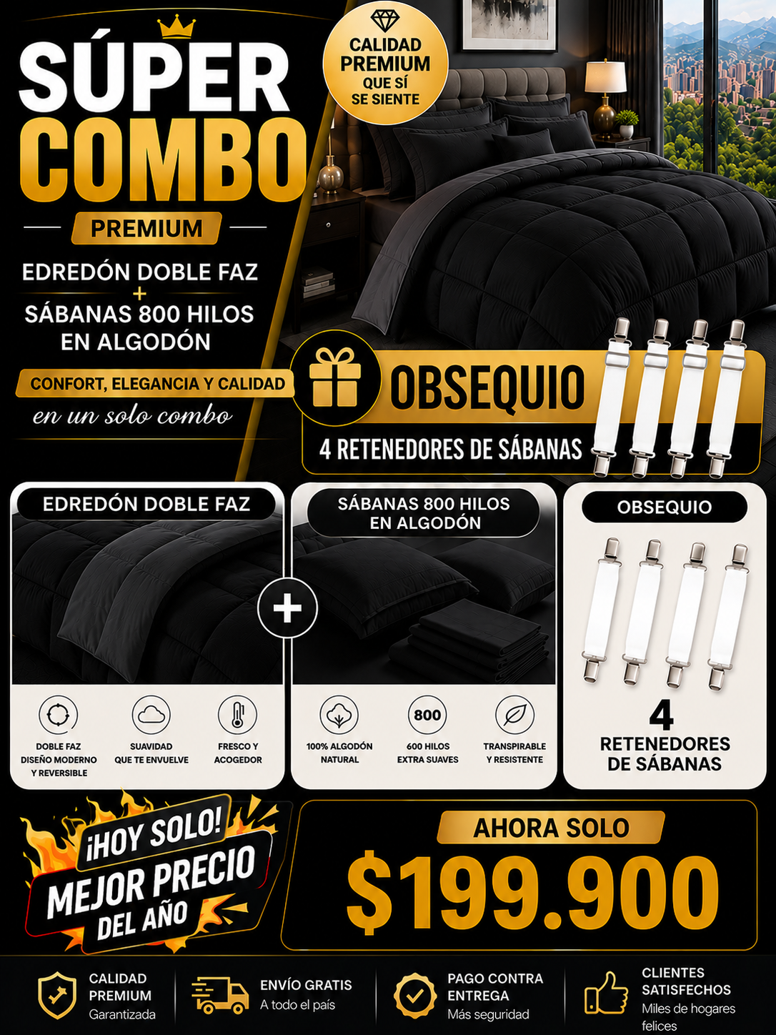 SUPER COMBO EDREDON HOTELERO +SABANAS DE 800 HILOS EN ALGODON + OBSEQUIO 4 RETENEDORES DE SABANAS