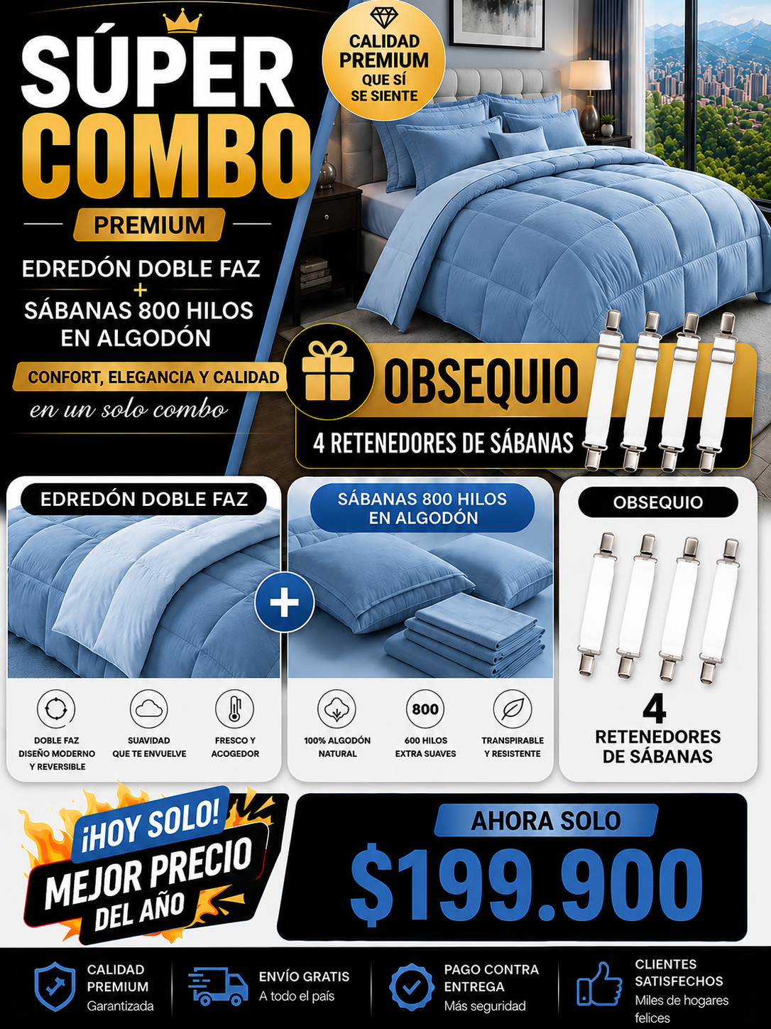 SUPER COMBO EDREDON HOTELERO +SABANAS DE  800 HILOS EN ALGODON + OBSEQUIO 4 RETENEDORES DE SABANAS