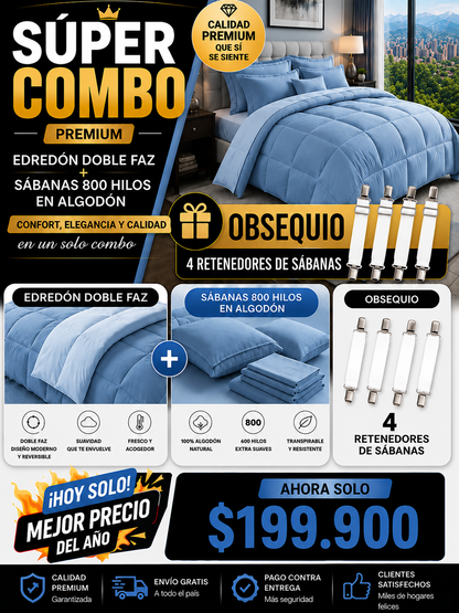 SUPER COMBO EDREDON HOTELERO +SABANAS DE  800 HILOS EN ALGODON + OBSEQUIO 4 RETENEDORES DE SABANAS