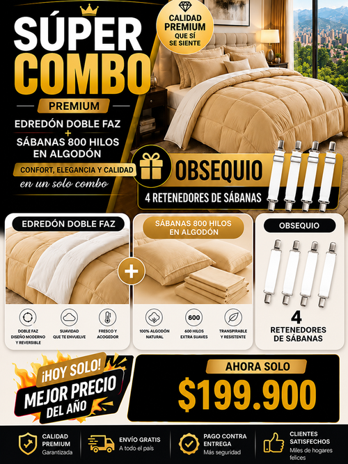 SUPER COMBO EDREDON HOTELERO +SABANAS DE  800 HILOS EN ALGODON + OBSEQUIO 4 RETENEDORES DE SABANAS