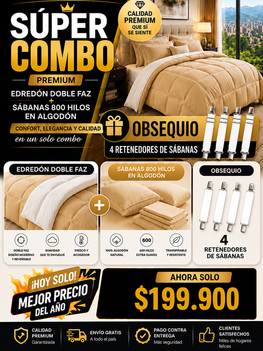 SUPER COMBO EDREDON HOTELERO +SABANAS DE  800 HILOS EN ALGODON + OBSEQUIO 4 RETENEDORES DE SABANAS