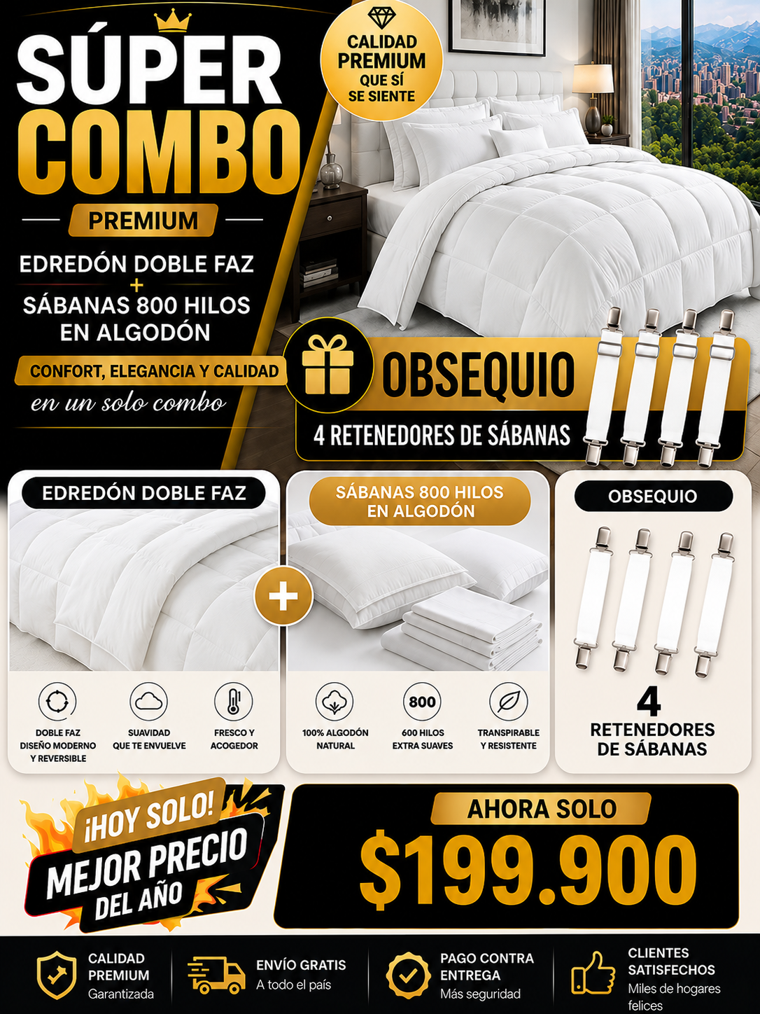 SUPER COMBO EDREDON HOTELERO +SABANAS DE  800 HILOS EN ALGODON + OBSEQUIO 4 RETENEDORES DE SABANAS