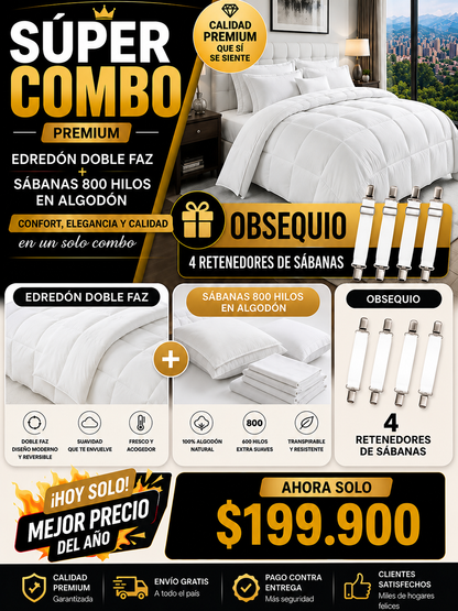 SUPER COMBO EDREDON HOTELERO +SABANAS DE  800 HILOS EN ALGODON + OBSEQUIO 4 RETENEDORES DE SABANAS