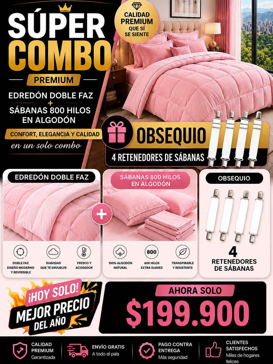 SUPER COMBO EDREDON HOTELERO +SABANAS DE  800 HILOS EN ALGODON + OBSEQUIO 4 RETENEDORES DE SABANAS