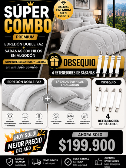 SUPER COMBO EDREDON HOTELERO +SABANAS DE  800 HILOS EN ALGODON + OBSEQUIO 4 RETENEDORES DE SABANAS