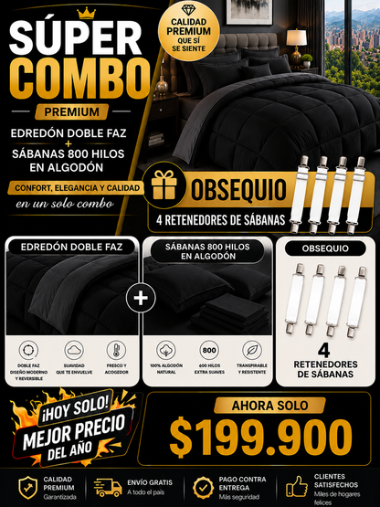 SUPER COMBO EDREDON HOTELERO +SABANAS DE  800 HILOS EN ALGODON + OBSEQUIO 4 RETENEDORES DE SABANAS