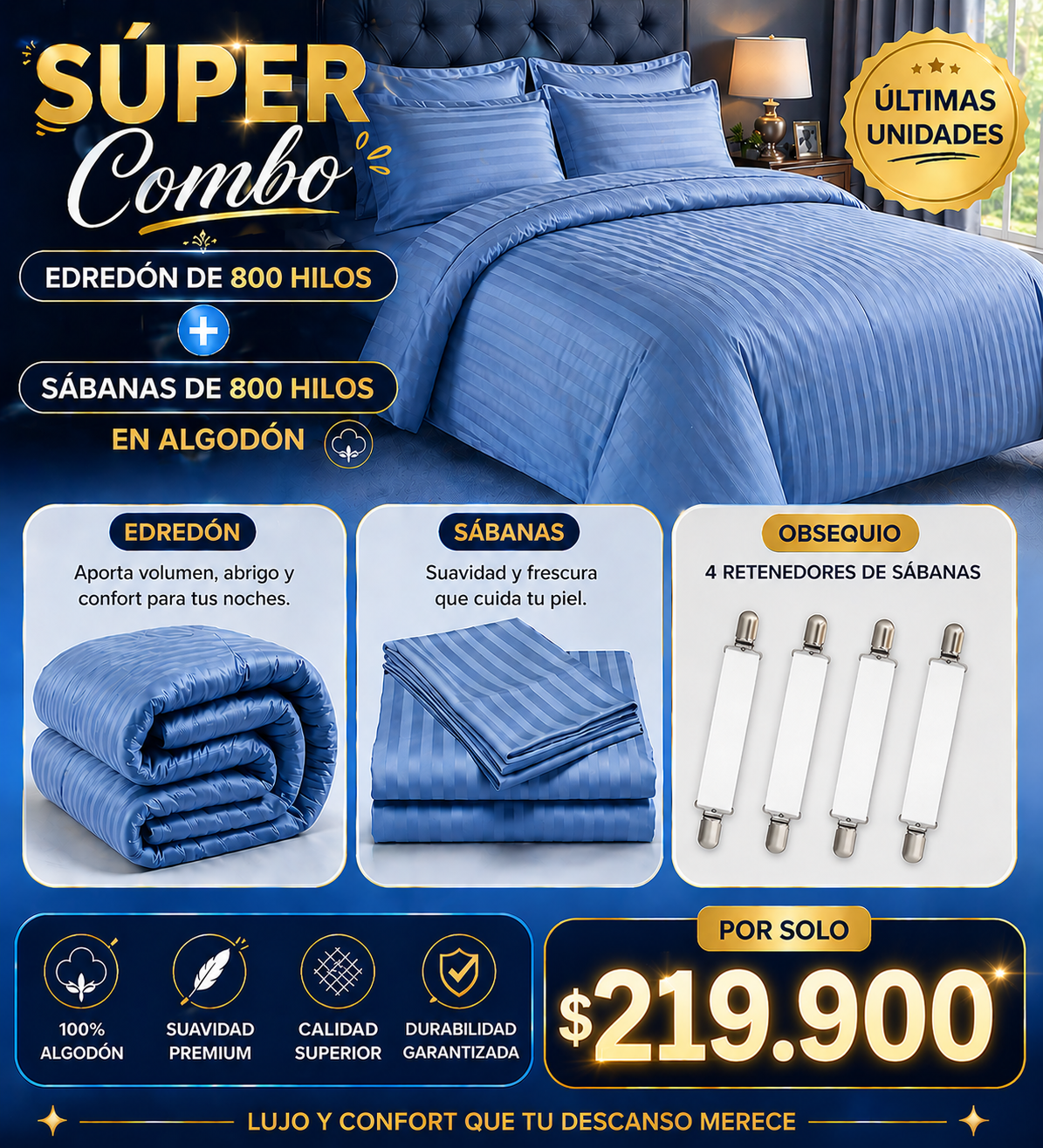 SUPER COMBO EDREDON HOTELERO +SABANAS DE 800 HILOS EN ALGODON + OBSEQUIO 4 RETENEDORES DE SABANAS&nbsp;