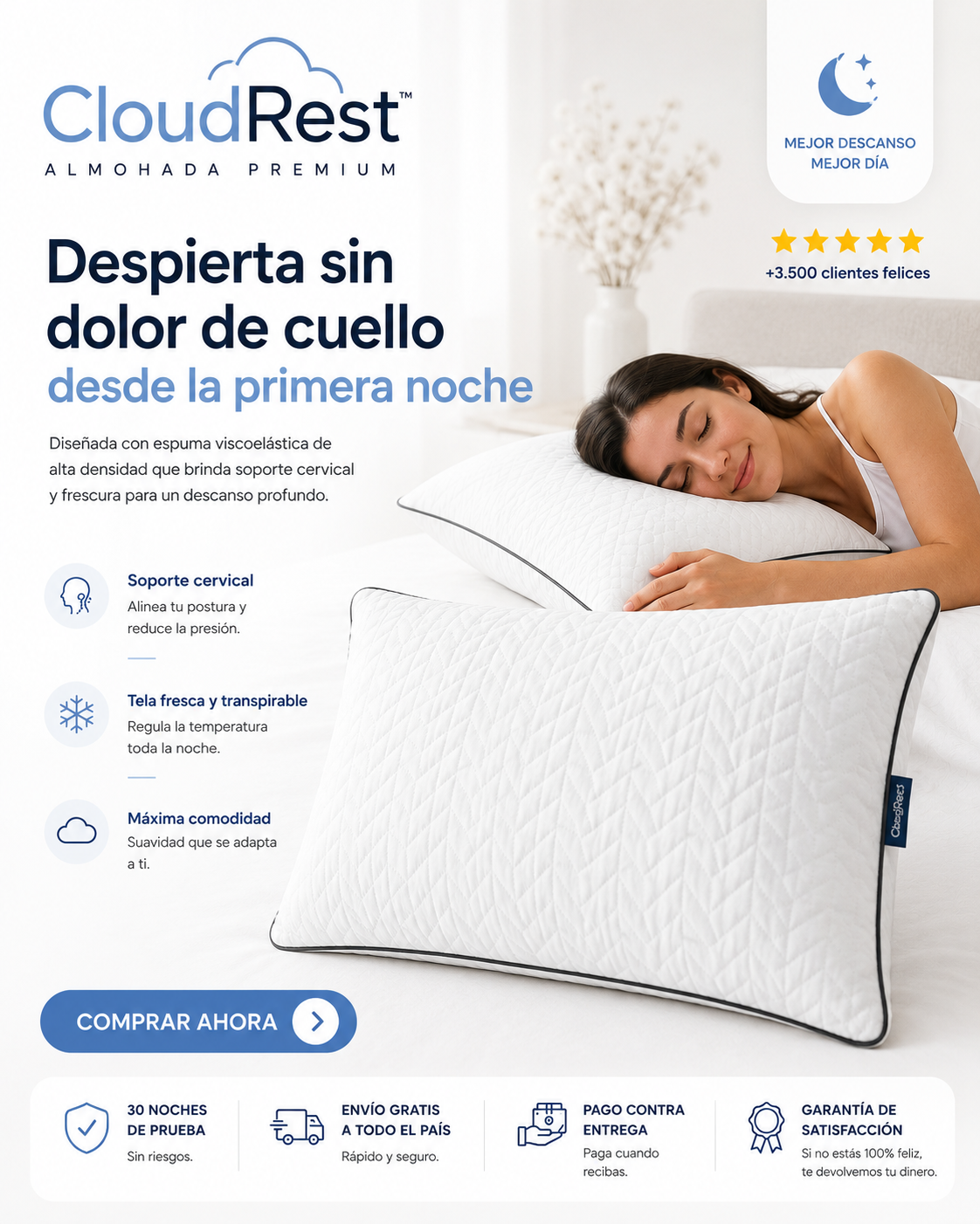 cloudrest almohada ergonómica de descanso premium