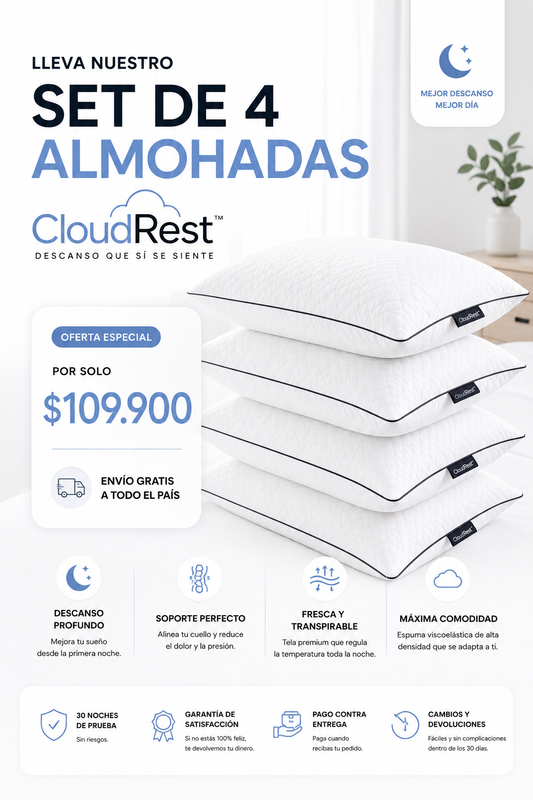 set de 4 almohadas cloudrest  ergonómica de descanso premium