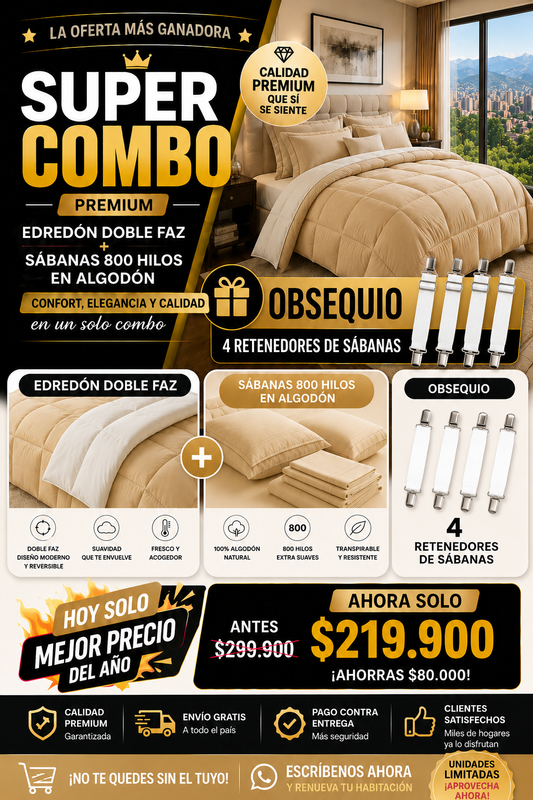 SUPER COMBO EDREDON HOTELERO +SABANAS DE 800 HILOS EN ALGODON + OBSEQUIO 4 RETENEDORES DE SABANAS&nbsp;